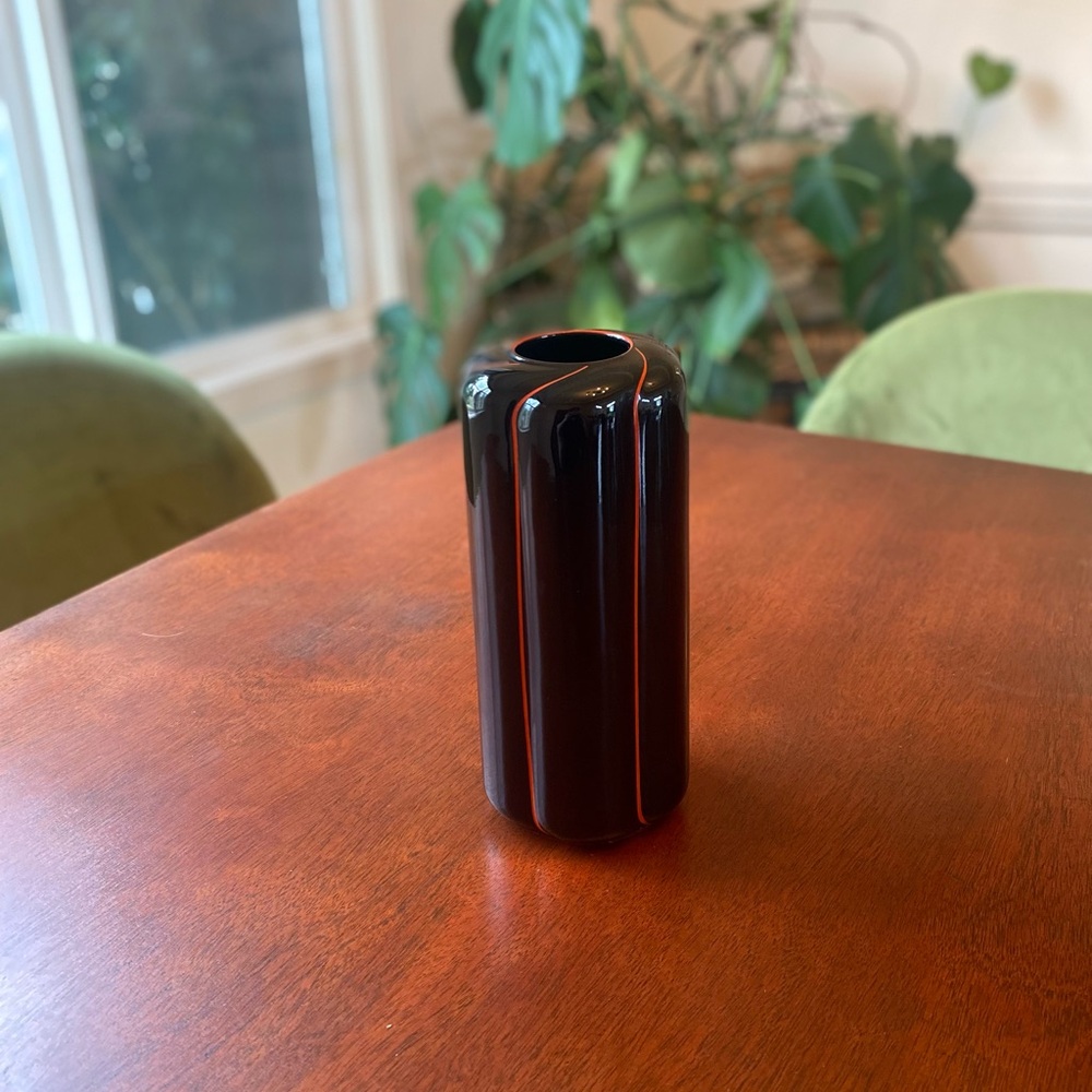 Vintage Seizan Black Ceramic Art Deco Vase with Red Trim